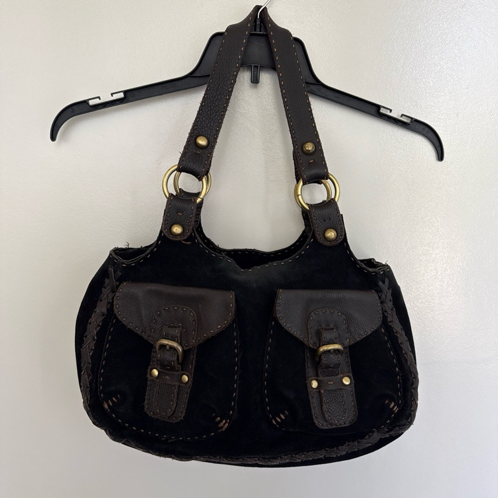 Carla Mancini Y2K Women’s Black Suede Shoulder Bag with Front Buckle Pockets